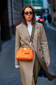 alice & j.s, beige coat, beige pants, checked, fendi, graphic jacket, leather bag, orange bag, plaid, printed jacket, sunglasses, trousers, MILAN, MFW, fashion week, frenchystyle, FW, jonathan paciullo, street style, AUTUMN WINTER 2019-2020, AW 19-20, FALL WINTER 2019-2020, FW 19-20, vertical, atmosphere details, detail