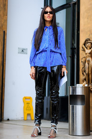 AUTUMN WINTER 2017-2018, AW 17-18, black pants, blue shirt, FALL WINTER 2017-2018, fashion week, frenchystyle, full length, FW, FW 17-18, gilda ambrosio, high heels, jonathan paciullo, leather pants, leather shoes, PARIS, PFW, street style, striped shirt, sunglasses, trousers, vertical, white shoes