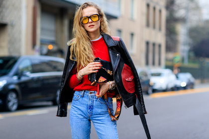 atmosphere details, AUTUMN WINTER 2017-2018, AW 17-18, black bag, black jacket, black perfecto, blue denim, denim pants, detail, FALL WINTER 2017-2018, fashion week, frenchystyle, fun sunglasses, FW, FW 17-18, horizontal, jeans, jonathan paciullo, leather bag, leather jacket, leather perfecto, MFW, MILAN, over the shoulder, red sweater, street style, studs, sunglasses, trousers, valentino