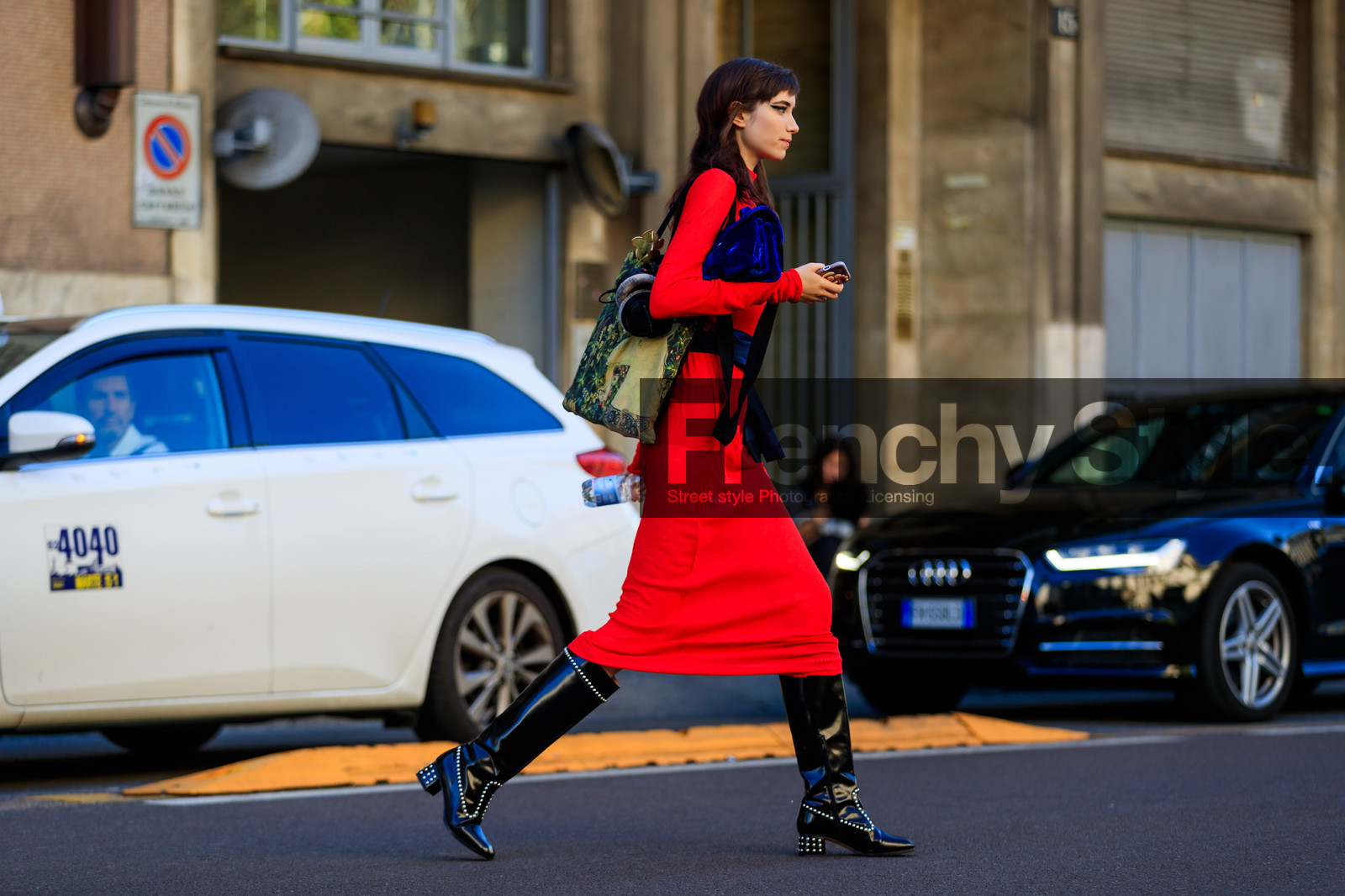 atmosphere details, black shoes, blue bag, eyeliner, fashion week, frenchystyle, full length, FW, high boots, high heels, horizontal, jonathan paciullo, leather bag, leather shoes, MFW, MILAN, model, red dress, SPRING SUMMER 2018, SS 18, street style, studs, varnished leather shoes, velvet