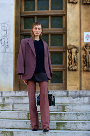 black bag, black shoes, black sweater, blazer, earrings, leather bag, leather shoes, model, over the shoulder, pink pants, purple jacket, trousers, PARIS, PFW, street style, jonathan paciullo, FW, frenchystyle, fashion week, AUTUMN WINTER 2019-2020, AW 19-20, FALL WINTER 2019-2020, FW 19-20, vertical, full length