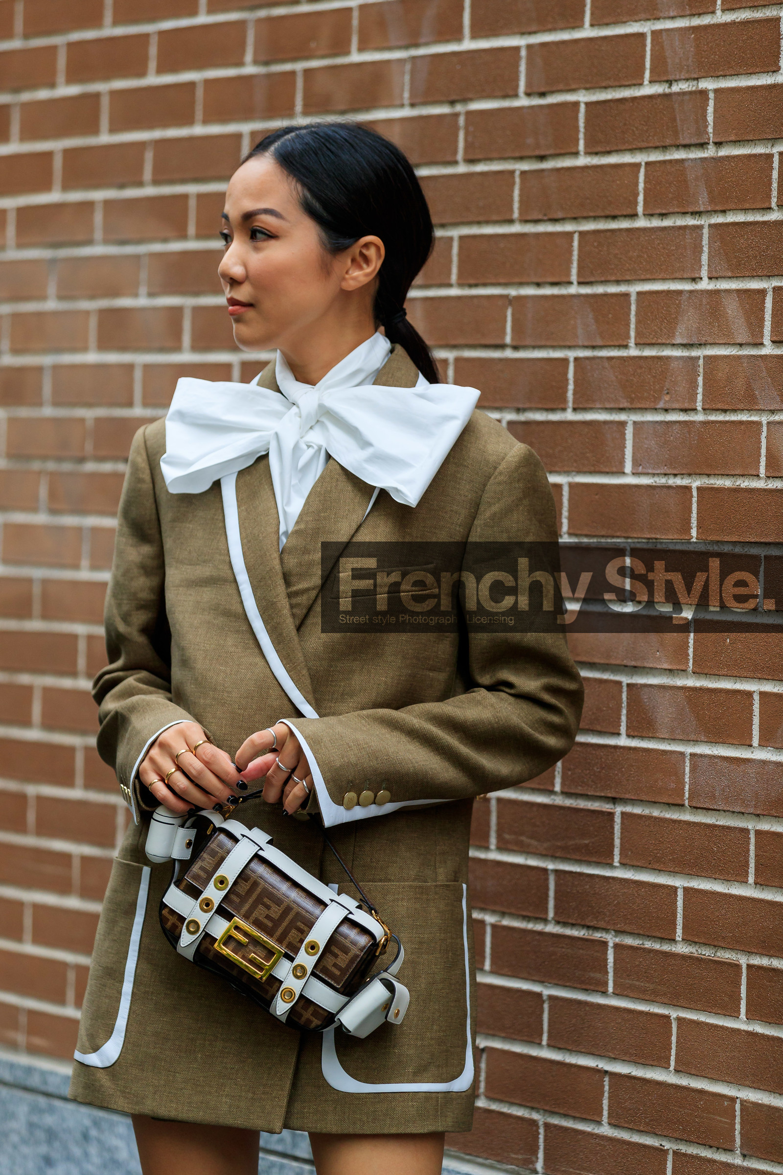 yoyo cao, fendi bag, fendi jacket, white shirt, lavalliere collar, beige jacket, jacket dress, brown leather bag, monogrammed bag, street style, jonathan paciullo, FW, frenchystyle, fashion week, MFW, MILAN, SPRING SUMMER 2020, SS 20