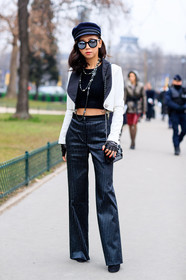 black and white bag, black bag, black cap, black gloves, black top, chanel, crop top, graphic bag, high waist, leather bag, leather gloves, navy pants, necklace, striped bag, striped pants, sunglasses, trousers, white jacket, fashion week, frenchystyle, FW, jonathan paciullo, street style, PFW, PARIS, SPRING SUMMER 2017, SS 17, HAUTE COUTURE, vertical, full length