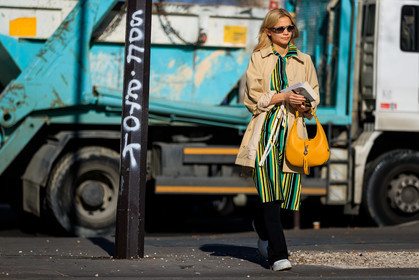 beige coat, black pants, graphic dress, green dress, leather bag, leather shoes, miu miu, printed dress, striped dress, sunglasses, yellow bag, PARIS, PFW, street style, jonathan paciullo, FW, frenchystyle, fashion week, AUTUMN WINTER 2019-2020, AW 19-20, FALL WINTER 2019-2020, FW 19-20, horizontal, atmosphere details, full length