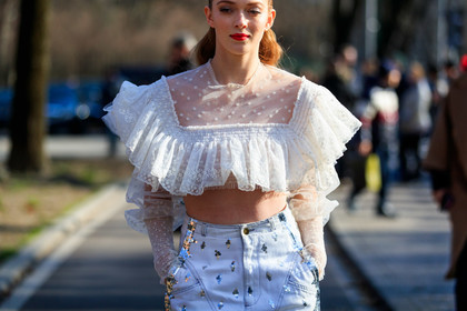 crop top, denim pants, embroidered jeans, glitter, graphic pants, jeans, lace top, printed pants, pulled back hair, ruffles, satin stitch, see through, sequined pants, trousers, white denim, white top, MILAN, MFW, fashion week, frenchystyle, FW, jonathan paciullo, street style, AUTUMN WINTER 2019-2020, AW 19-20, FALL WINTER 2019-2020, FW 19-20, atmosphere details, detail, horizontal