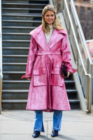 AUTUMN WINTER 2016-2017, AW 16-17, black boots, blue denim, denim pants, FALL WINTER 2016-2017, fashion week, frenchystyle, full length, FW, FW 16-17, helena bordon, jeans, jonathan paciullo, NEW YORK, NYFW, pink coat, street style, trousers, turtleneck sweater, vertical, white sweater, woman