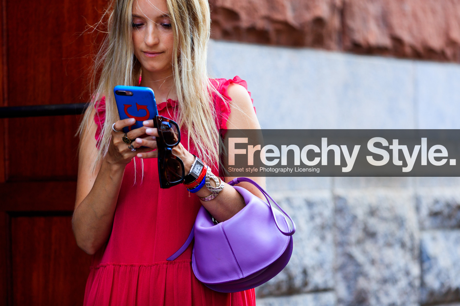 atmosphere details, bracelet, Charlotte Groeneveld, detail, fashion week, frenchystyle, FW, horizontal, iphone, jonathan paciullo, leather bag, long dress, NEW YORK, NYFW, purple bag, red dress, SPRING SUMMER 2018, SS 18, street style