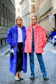 balenciaga, black and white bag, black pants, blue denim, blue fur coat, denim pants, floral, flowers, fur jacket, graphic bag, graphic jacket, high heels, jeanette madsen, jeans, leather bag, leather pants, leather shoes, pink fur, pink jacket, printed bag, printed jacket, printed shoes, sequined shoes, shiny shoes, stripes, thora valdimars, trousers, white t shirt, MILAN, MFW, fashion week, frenchystyle, FW, jonathan paciullo, street style, AUTUMN WINTER 2019-2020, AW 19-20, FALL WINTER 2019-2020, FW 19-20, vertical, full length