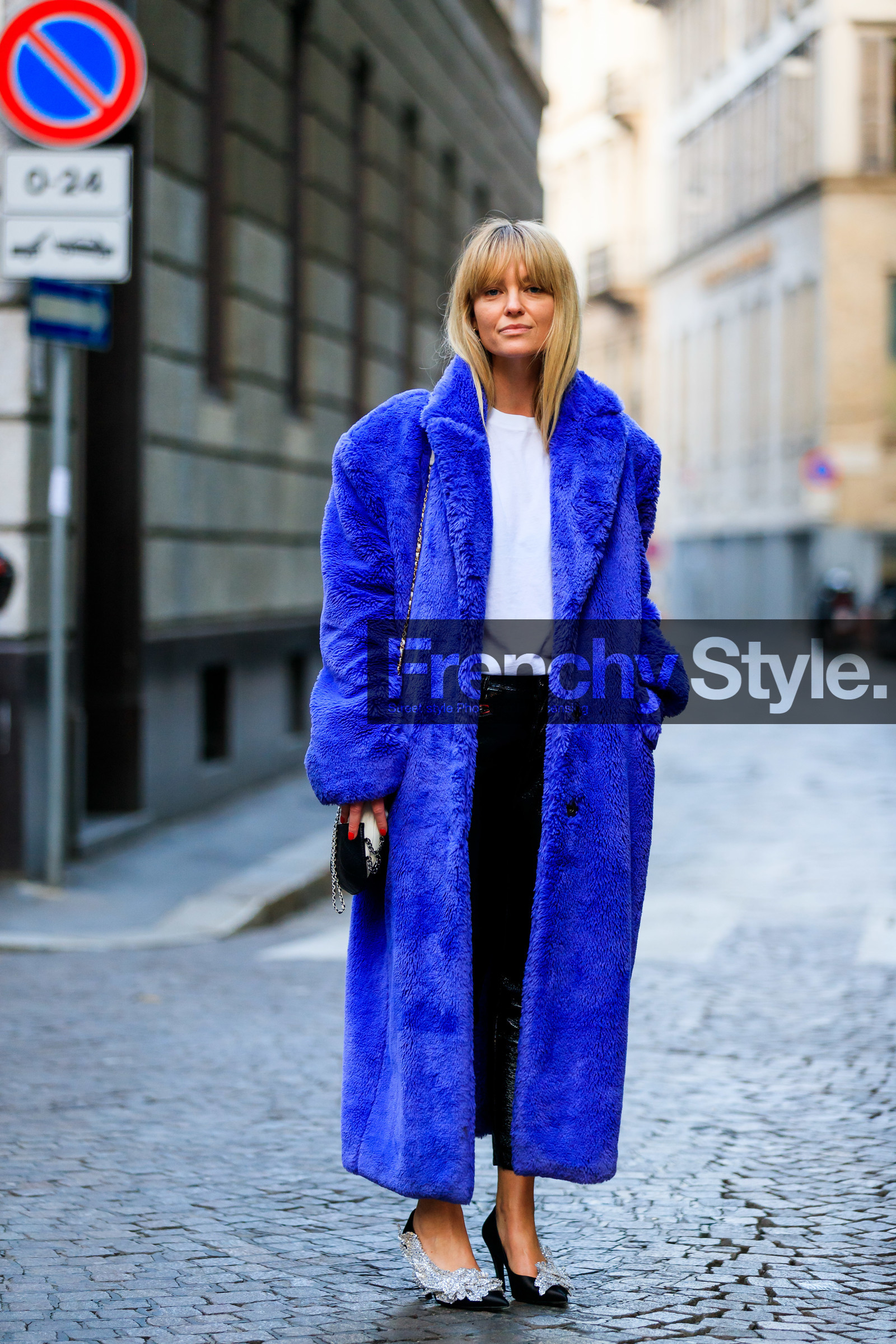 balenciaga, black pants, blue fur coat, graphic bag, high heels, jeanette madsen, leather bag, leather pants, leather shoes, printed bag, sequined shoes, shiny shoes, trousers, white t shirt, MILAN, MFW, fashion week, frenchystyle, FW, jonathan paciullo, street style, AUTUMN WINTER 2019-2020, AW 19-20, FALL WINTER 2019-2020, FW 19-20, vertical, full length