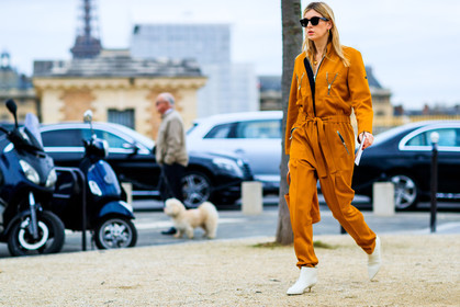 atmosphere details, AUTUMN WINTER 2017-2018, avery blanchard, AW 17-18, camille charriere, FALL WINTER 2017-2018, fashion week, frenchystyle, full length, FW, FW 17-18, horizontal, jonathan paciullo, leather bag, leather shoes, orange bag, orange jumpsuit, PARIS, PFW, street style, sunglasses, trousers, white boots
