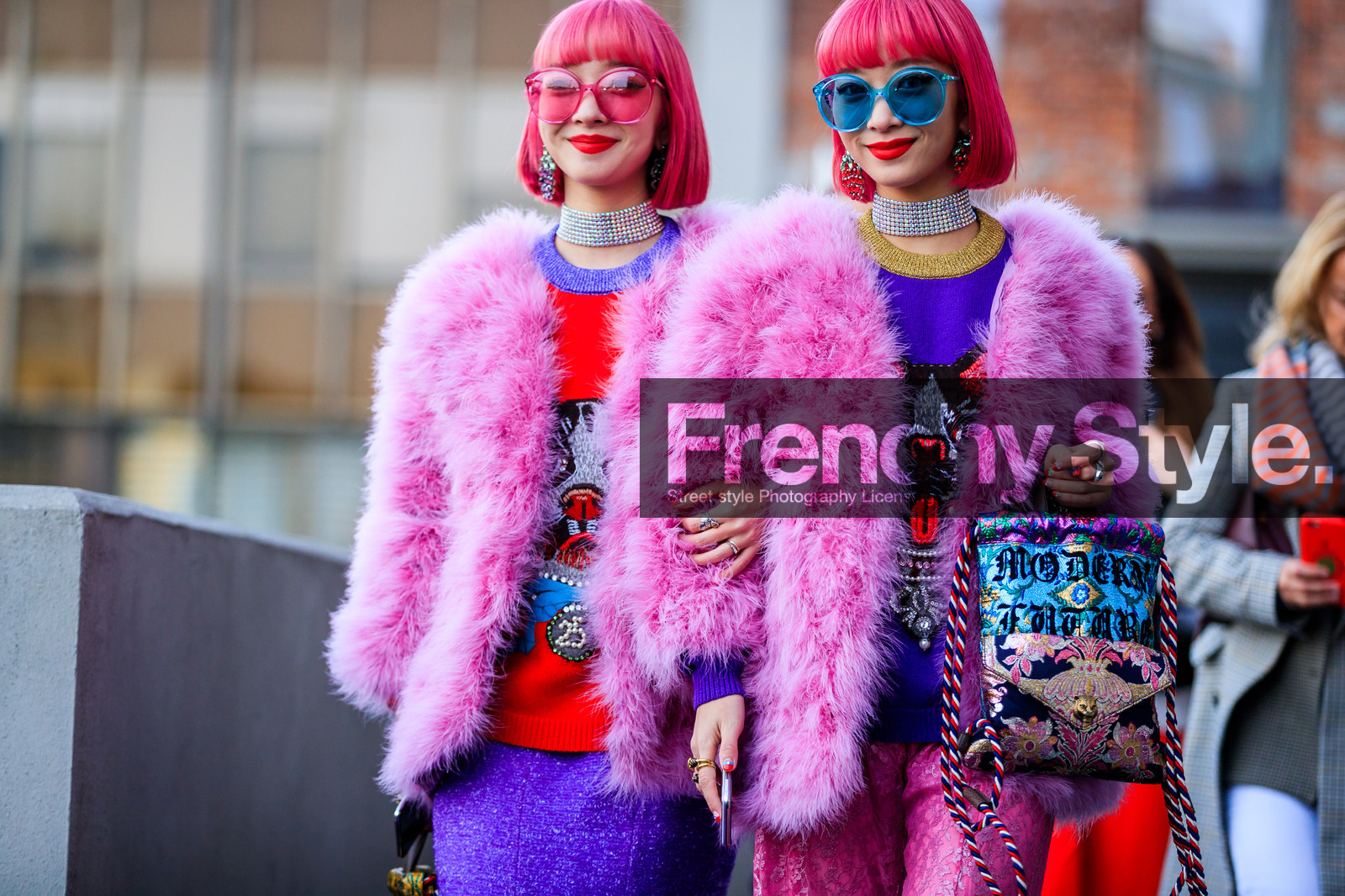 animal print, chinese print, choker, dyed hair, fur jacket, fuschia, glitter, graphic bag, gucci, japanese print, leather bag, multicolor bag, necklace, pink fur, pink hair, pink jacket, pink pants, printed bag, purple skirt, purple sweater, red lips, red sweater, rings, sequined pants, sequined skirt, shiny pants, shiny skirt, sunglasses, tights, fashion week, frenchystyle, FW, jonathan paciullo, street style, MFW, MILAN, AUTUMN WINTER 2018-2019, FALL WINTER 2018-2019, FW 18-19, horizontal, atmosphere details, Ami and Aya Suzuki