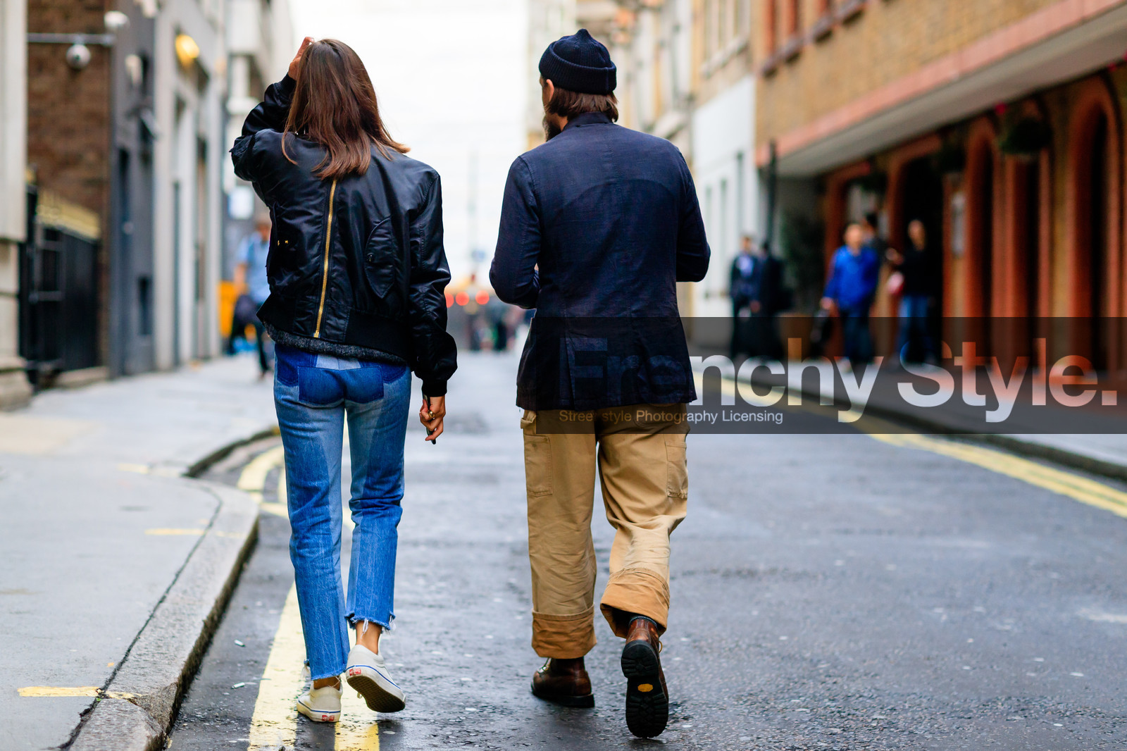 atmosphere details, back detail, beige pants, black beanie, black jacket, blue denim, bomber jacket, cargo pants, denim pants, fashion week, frenchystyle, full length, FW, horizontal, jeans, jonathan paciullo, LFW, LONDON, navy jacket, patchwork, SPRING SUMMER 2017, SS 17, street style, trousers, vans, white sneakers, woman, zip