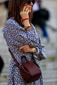 blue dress, bracelet, brown bag, graphic dress, graphic jacket, leather bag, loewe, printed dress, printed jacket, sunglasses, PARIS, PFW, street style, jonathan paciullo, FW, frenchystyle, fashion week, AUTUMN WINTER 2019-2020, AW 19-20, FALL WINTER 2019-2020, FW 19-20, vertical, atmosphere details, detail