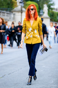 black boots, denim pants, embroidered jacket, fashion week, floral, flower, frenchystyle, full length, FW, jeans, jonathan paciullo, leather shoes, PARIS, PFW, SPRING SUMMER 2017, SS 17, street style, sunglasses, taylor tomasi hill, trousers, vertical, yellow jacket
