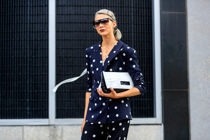 atmosphere details, black and white bag, black jacket, black pants, blazer, detail, fashion week, frenchystyle, FW, graphic jacket, horizontal, jonathan paciullo, leather bag, NEW YORK, NYFW, polka dot, printed jacket, printed pants, Samantha Angelo, SPRING SUMMER 2018, SS 18, street style, sunglasses, trousers
