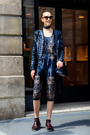 AUTUMN WINTER 2016-2017, AW 16-17, black bag, blue jumpsuit, bordeaux, burgundy, embroidered jumpsuit, FALL WINTER 2016-2017, fashion week, frenchystyle, full length, FW, FW 16-17, HAUTE COUTURE, jonathan paciullo, lace jumpsuit, leather bag, leather shoes, MENSWEAR, model, navy jumpsuit, PARIS, PFW, printed jumpsuit, pulled back hair, red sandals, red shoes, sequined jacket, street style, sunglasses, vertical, wet hair