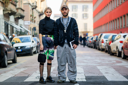 black bag, black cardigan, black shirt, black shoes, black socks, brown cap, caro daur, graphic shorts, graphic skirt, green shoes, green shorts, grey pants, grey t shirt, harness, high socks, leather bag, leather shoes, necklace, prada, printed shorts, printed skirt, trousers, MILAN, MFW, fashion week, frenchystyle, FW, jonathan paciullo, street style, AUTUMN WINTER 2019-2020, AW 19-20, FALL WINTER 2019-2020, FW 19-20, atmosphere details, full length, horizontal