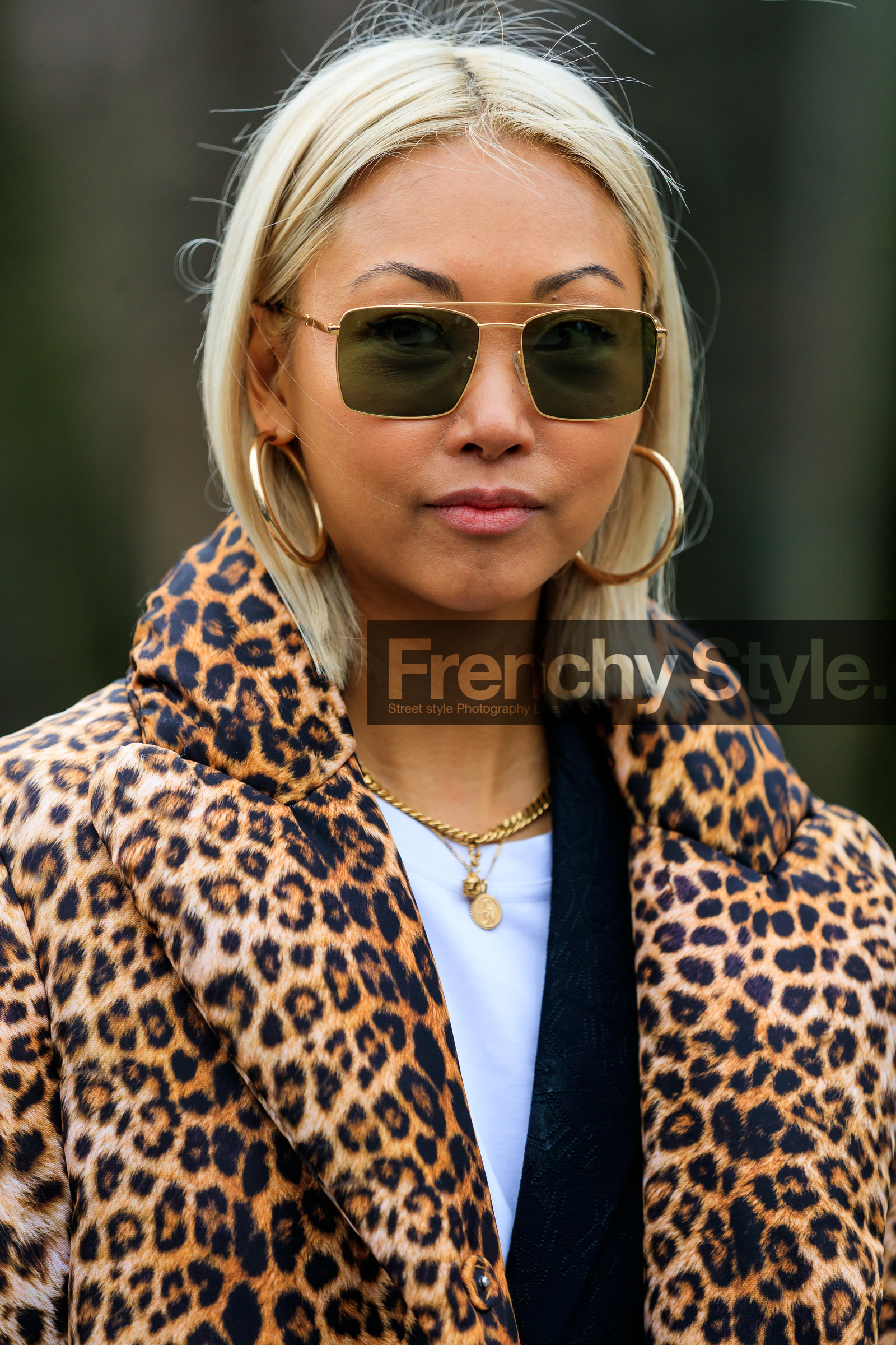animal print, black dress, brown jacket, down jacket, earrings, graphic jacket, leopard, necklace, printed jacket, sunglasses, vanessa hong, white t shirt, MILAN, MFW, fashion week, frenchystyle, FW, jonathan paciullo, street style, AUTUMN WINTER 2019-2020, AW 19-20, FALL WINTER 2019-2020, FW 19-20, vertical, atmosphere details, detail