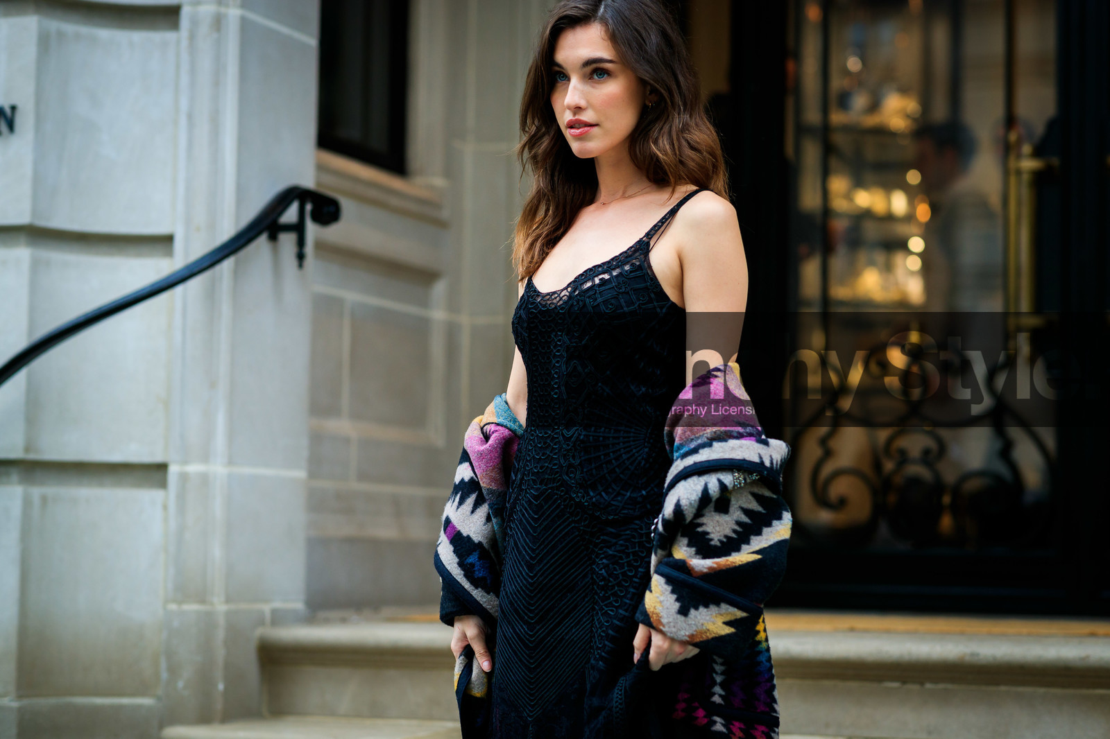 black bag, black dress, graphic jacket, leather bag, multicolor jacket, off the shoulder, patchwork, printed jacket, ralph lauren, frenchystyle, jonathan paciullo, street style, NYFW, NEW YORK, AUTUMN WINTER 2019-2020, AW 19-20, FALL WINTER 2019-2020, FW 19-20, fashion week, FW, atmosphere details, horizontal, detail
