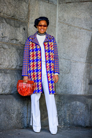 beret, black hat, blue coat, checked, earrings, graphic bag, graphic jacket, houndstooth pattern, leather bag, multicolor jacket, plaid, printed jacket, sunglasses, tartan, trousers, white pants, white sweater, street style, jonathan paciullo, FW, frenchystyle, fashion week, NYFW, NEW YORK, AUTUMN WINTER 2018-2019, AW 18-19, FALL WINTER 2018-2019, FW 18-19, vertical, full length, tamu mcpherson