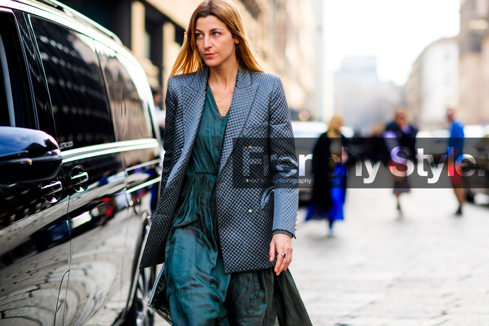 ada kokosar, atmosphere details, AUTUMN WINTER 2017-2018, AW 17-18, blazer, detail, FALL WINTER 2017-2018, fashion week, frenchystyle, FW, FW 17-18, green dress, grey jacket, horizontal, jonathan paciullo, MFW, MILAN, silk dress, street style, trousers