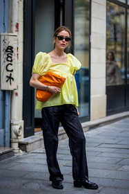 Annabel Rosendahl, bag, ballon sleeves, black loafers, black mocassins, black pants, black sunglasses, bottega veneta bag, color, leather bag, loafers, mocassins, orange bag, pants, pearl earrings, sunglasses, top, yellow top, street style, jonathan paciullo, FW, frenchystyle, fashion week, PFW, PARIS, SPRING SUMMER 2022, SS 22, vertical, full length