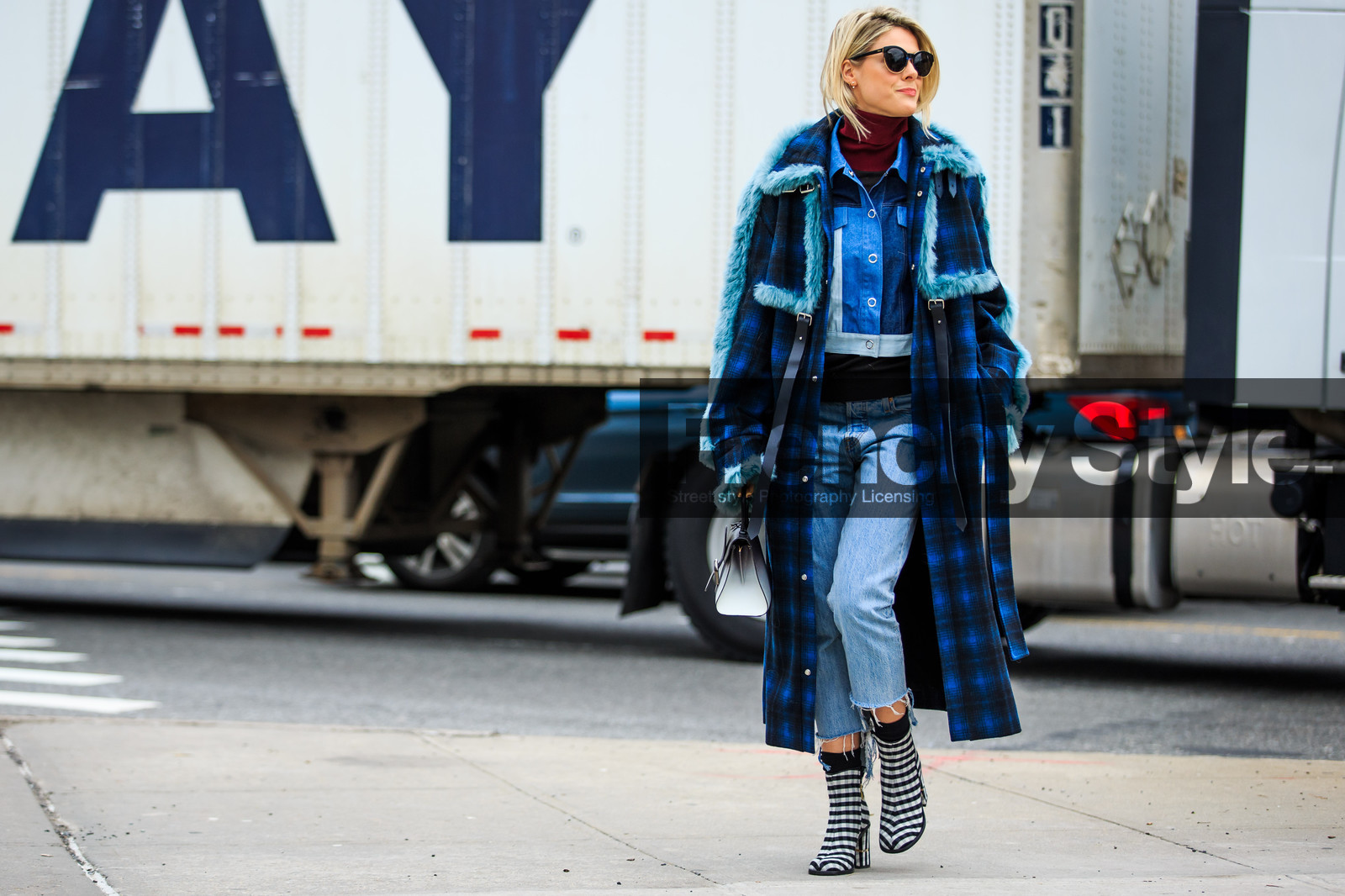 atmosphere details, AUTUMN WINTER 2016-2017, AW 16-17, black and white, blue, blue coat, blue denim, blue fur, checked boots, checked coat, denim jacket, denim pants, fashion week, frenchystyle, full length, fur collar, FW, FW 16-17, graphic shoes, grey, grey bag, high boots, high heels, horizontal, jeans, jonathan paciullo, leather bag, NEW YORK, NYFW, patchwork, plaid, sofie valkiers, street style, sunglasses, trousers, turtleneck sweater, woman