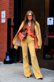 brown bag, corduroy, leather bag, orange shirt, over the shoulder, sunglasses, trousers, yellow jacket, yellow pants, yellow suit, street style, jonathan paciullo, FW, frenchystyle, fashion week, NYFW, NEW YORK, SPRING SUMMER 2019, SS 19, vertical, full length