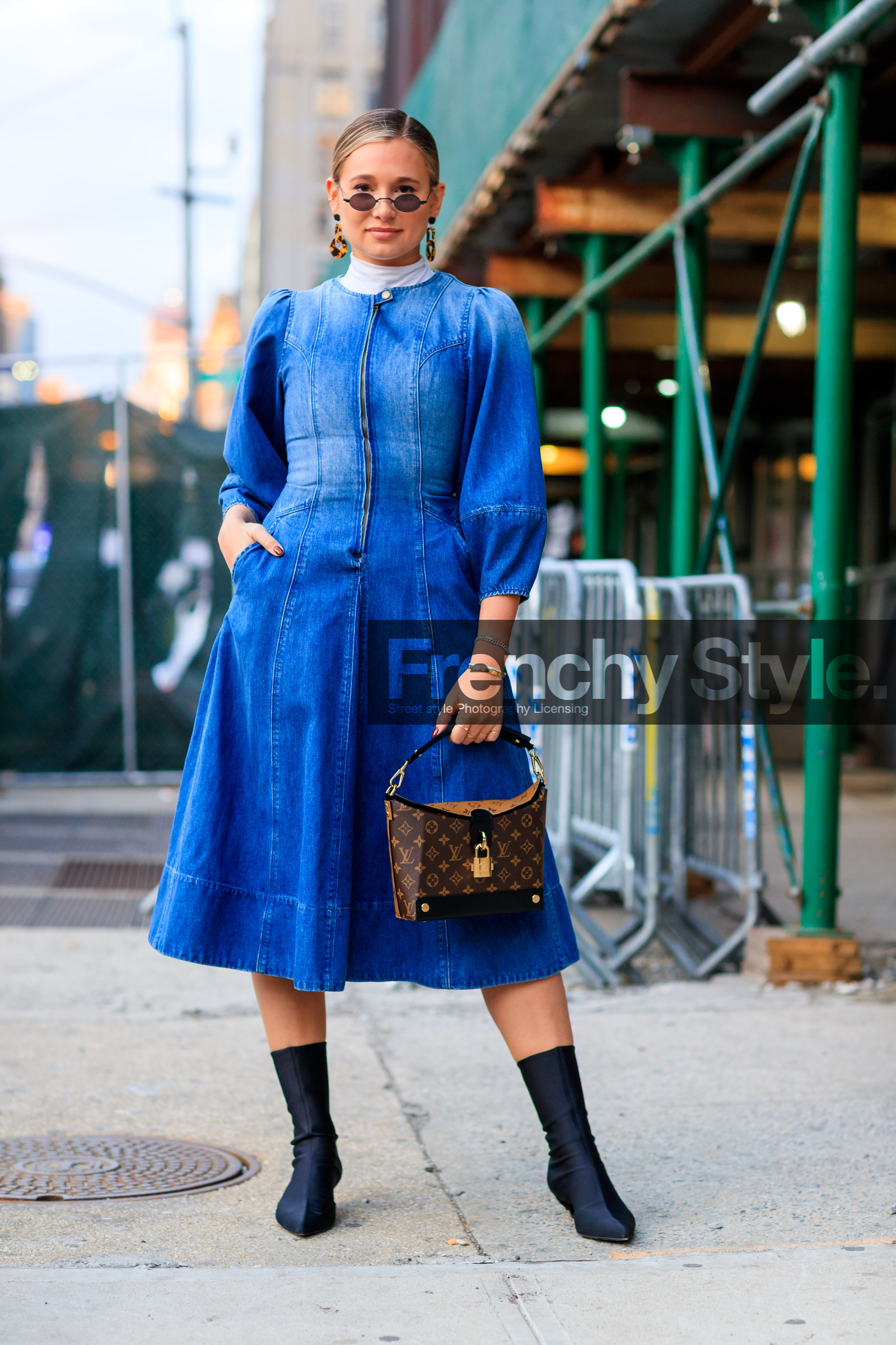 balenciaga, black shoes, blue denim, brown bag, denim dress, earrings, graphic bag, high heels, leather bag, leather shoes, louis vuitton, monogram, printed bag, sunglasses, street style, jonathan paciullo, FW, frenchystyle, fashion week, NYFW, NEW YORK, AUTUMN WINTER 2018-2019, AW 18-19, FALL WINTER 2018-2019, FW 18-19, vertical, full length, carola bernard, danielle bernstein