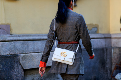 blazer, brown belt, caroline issa, checked, graphic jacket, graphic pants, grey jacket, gucci, leather bag, leather belt, plaid, printed jacket, printed pants, trousers, white bag, MILAN, MFW, fashion week, frenchystyle, FW, jonathan paciullo, street style, AUTUMN WINTER 2019-2020, AW 19-20, FALL WINTER 2019-2020, FW 19-20, atmosphere details, detail, horizontal