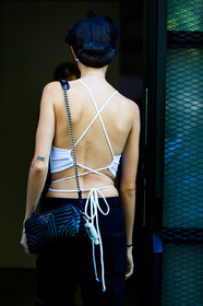 back details, bag detail, black bag, black leather bag, silvered chain strap bag, shoulder bag, prada bag, quilted bag, cropped top, white top, bare back top, laced top, model, fashion week, frenchystyle, FW, jonathan paciullo, street style, MFW, MILAN, SPRING SUMMER 2021, SS 21, vertical, detail