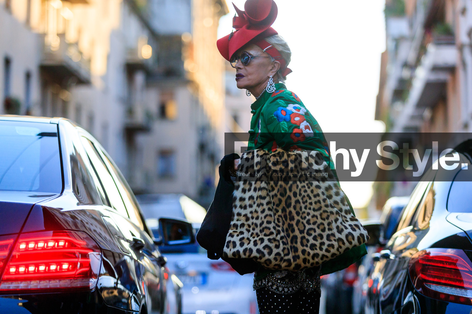 animal print, atmosphere details, detail, earrings, fashion week, floral, flowers, frenchystyle, FW, graphic jacket, green jacket, gucci, horizontal, jonathan paciullo, leopard print, MFW, MILAN, printed jacket, red hat, SPRING SUMMER 2018, SS 18, street style, sunglasses