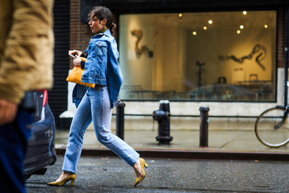 atmosphere details, AUTUMN WINTER 2016-2017, AW 16-17, blue denim, bracelet, céline, denim jacket, denim pants, fashion week, frenchystyle, full length, FW, FW 16-17, high heels, horizontal, iphone, irina lakicevic, jeans, jonathan paciullo, kaki scarf, leather bag, NEW YORK, NYFW, street style, trousers, woman, yellow bag, yellow sandals