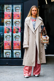 beige coat, embroidered bag, fendi, fringes, graphic bag, grey t shirt, leather bag, leather shoes, multicolor bag, pearls, pink pants, printed bag, sequined bag, trousers, xenia adonts, MILAN, MFW, fashion week, frenchystyle, FW, jonathan paciullo, street style, AUTUMN WINTER 2019-2020, AW 19-20, FALL WINTER 2019-2020, FW 19-20, vertical, full length