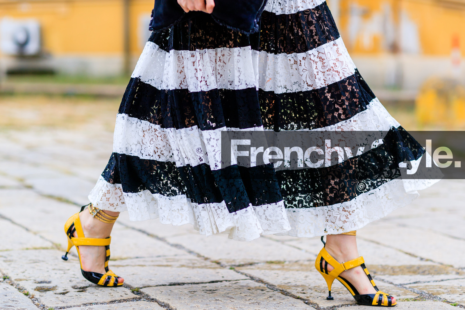 atmosphere details, black and white, detail, fashion week, frenchystyle, FW, graphic skirt, high heels, horizontal, jonathan paciullo, lace skirt, leather bag, leather shoes, MFW, MILAN, prada, printed skirt, SPRING SUMMER 2017, SS 17, street style, striped skirt, yellow sandals