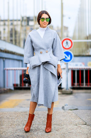 AUTUMN WINTER 2017-2018, AW 17-18, brown boots, camera, FALL WINTER 2017-2018, fashion week, frenchystyle, full length, FW, FW 17-18, grey jacket, grey skirt, high heels, jonathan paciullo, leather shoes, PARIS, PFW, street style, sunglasses, vertical