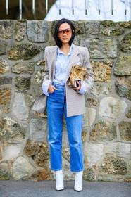 AUTUMN WINTER 2017-2018, AW 17-18, balenciaga, blue denim, checked jacket, denim pants, FALL WINTER 2017-2018, fashion week, frenchystyle, full length, FW, FW 17-18, graphic jacket, high heels, jeans, jonathan paciullo, leather bag, leather shoes, loewe, PARIS, PFW, printed jacket, street style, striped shirt, sunglasses, trousers, vertical, white boots, yoyo cao