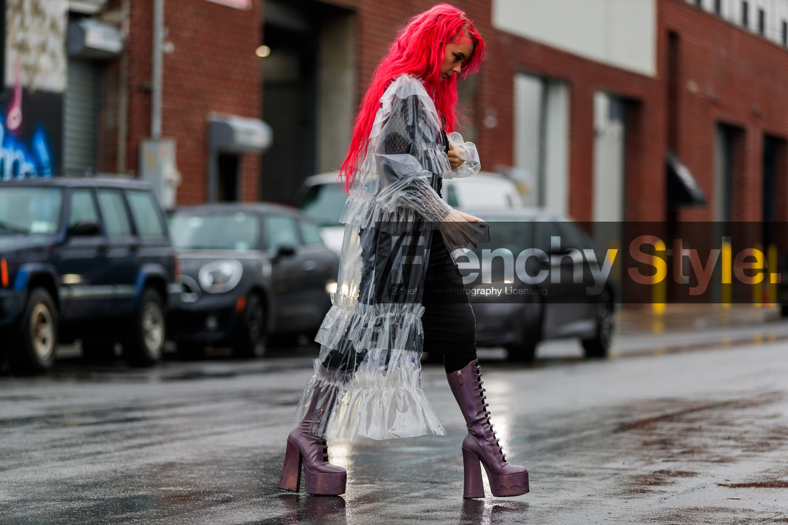 black pants, dyed hair, high heels, leather shoes, pink hair, purple boots, rain coat, sunglasses, transparent jacket, trousers, street style, jonathan paciullo, FW, frenchystyle, fashion week, NYFW, NEW YORK, AUTUMN WINTER 2018-2019, AW 18-19, FALL WINTER 2018-2019, FW 18-19, atmosphere details, horizontal, full length