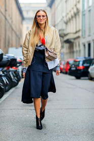 AUTUMN WINTER 2017-2018, AW 17-18, black skirt, bomber jacket, FALL WINTER 2017-2018, fashion week, frenchystyle, full length, FW, FW 17-18, gold bag, golden jacket, grey sweater, jonathan paciullo, leather bag, MFW, MILAN, nina suess, shiny bag, street style, striped shirt, studs, valentino, vertical