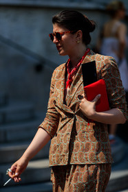 atmosphere details, brown jacket, brown pants, detail, fashion week, frenchystyle, FW, graphic jacket, jonathan paciullo, leather bag, MENSWEAR, PARIS, PFW, printed jacket, printed pants, red bag, red bandana, SPRING SUMMER 2018, SS 18, street style, sunglasses, vertical