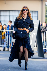 AUTUMN WINTER 2017-2018, AW 17-18, black bag, black jacket, black shoes, black skirt, brown belt, down jacket, ece sukan, FALL WINTER 2017-2018, fashion week, fishnet, frenchystyle, full length, FW, FW 17-18, high heels, jonathan paciullo, leather bag, leather belt, leather shoes, MFW, MILAN, street style, sunglasses, tights, vertical