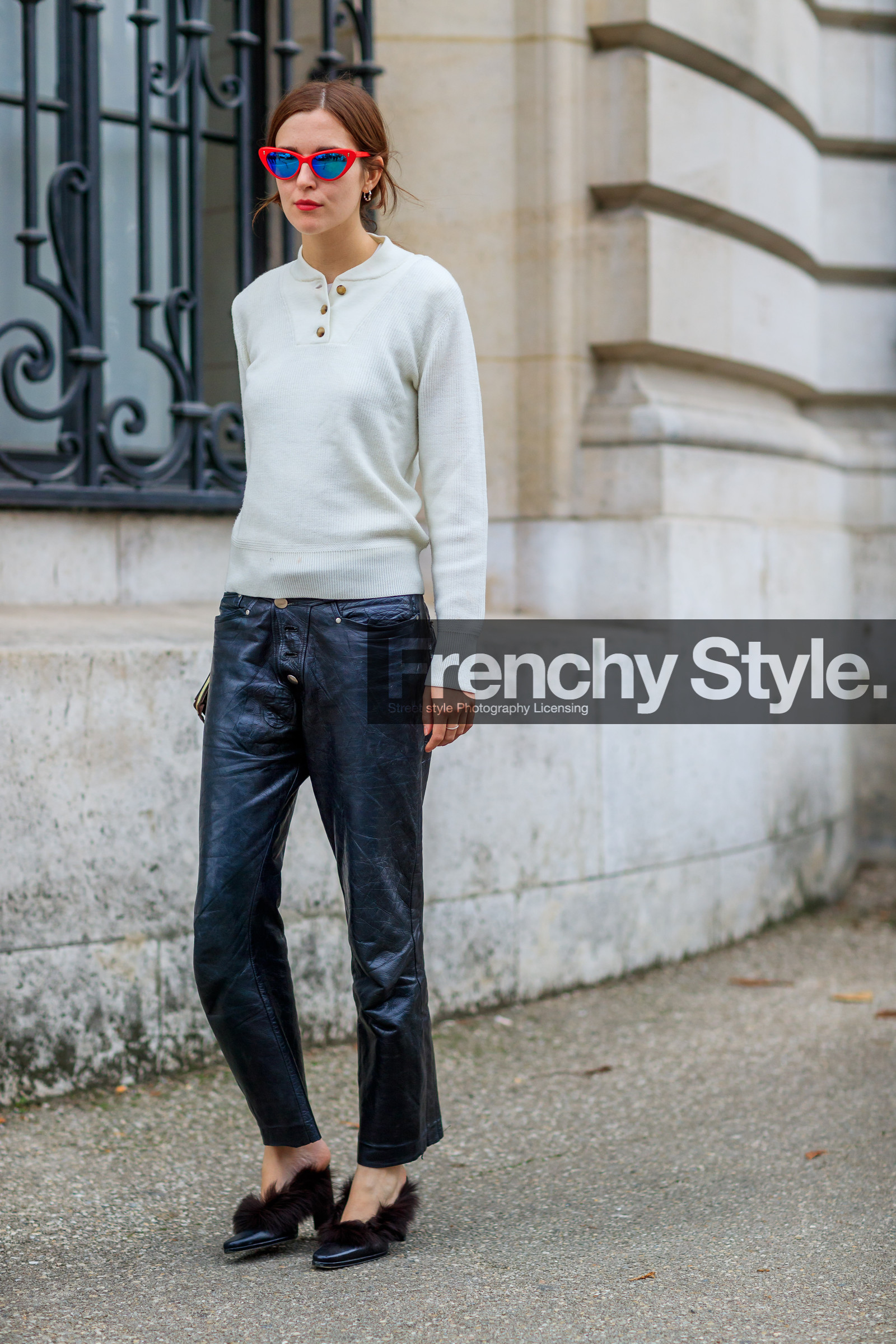 black pants, black shoes, fashion week, frenchystyle, full length, fur shoes, FW, high heels, jonathan paciullo, leather pants, leather shoes, PARIS, PFW, SPRING SUMMER 2018, SS 18, street style, sunglasses, trousers, vertical, white sweater