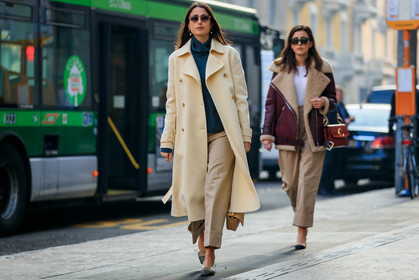 ballerinas, beige coat, beige pants, blue sweater, julia haghjoo, leather bag, leather shoes, sunglasses, sylvia haghjoo, trousers, fashion week, frenchystyle, FW, jonathan paciullo, street style, MFW, MILAN, AUTUMN WINTER 2019-2020, AW 19-20, FALL WINTER 2019-2020, FW 19-20, atmosphere details, full length, horizontal