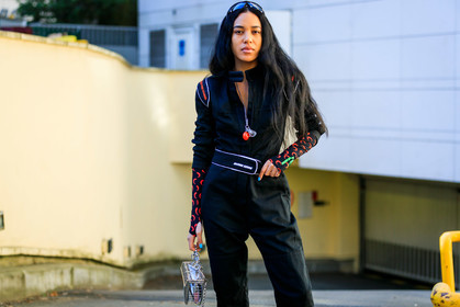aleali may, black jumpsuit, graphic bag, leather bag, marine serre, printed bag, sunglasses, transparent bag, trousers, fashion week, frenchystyle, FW, jonathan paciullo, street style, PFW, PARIS, AUTUMN WINTER 2019-2020, AW 19-20, FALL WINTER 2019-2020, FW 19-20, horizontal, atmosphere details, detail