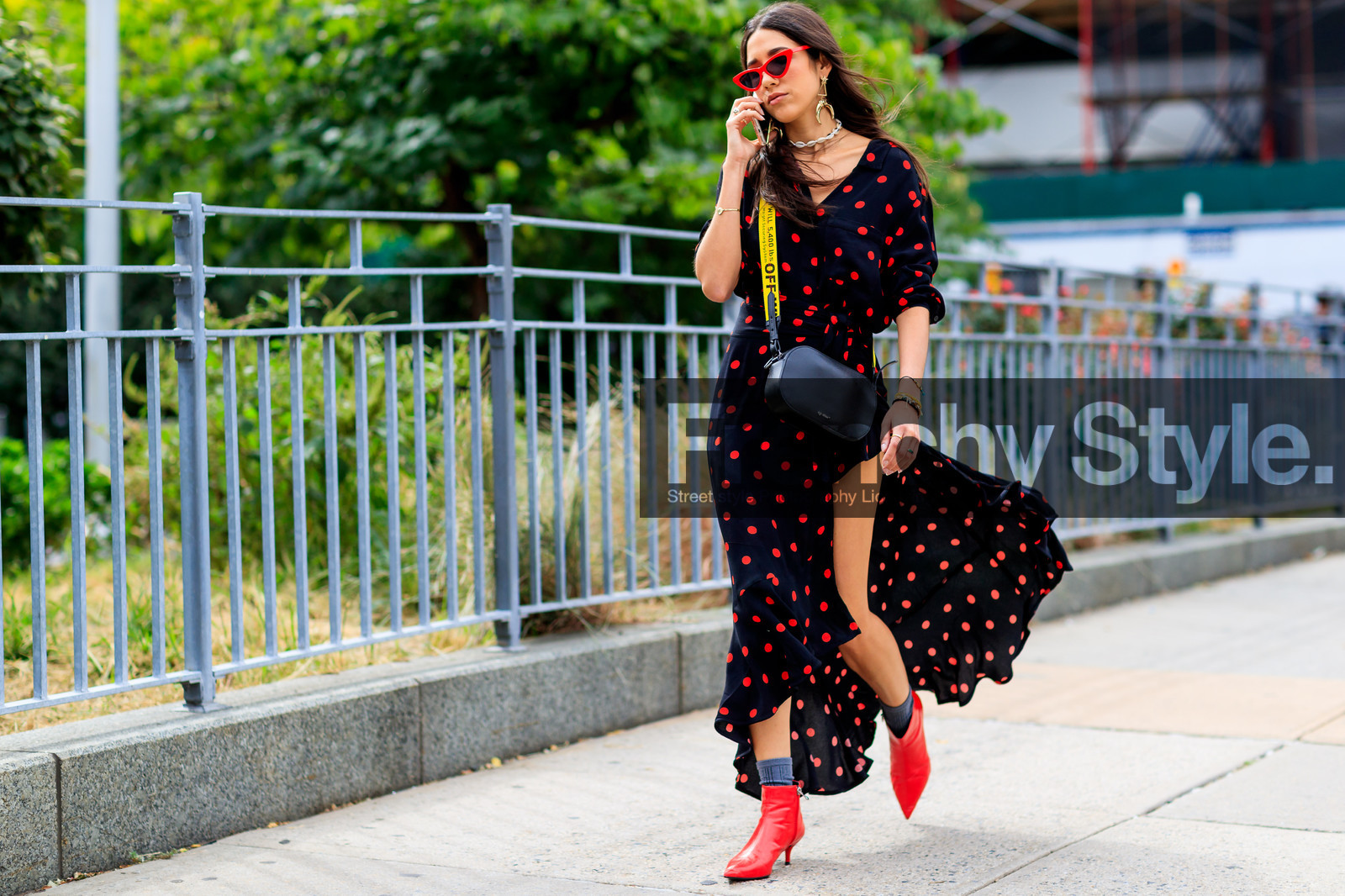 black bag, black dress, graphic dress, high heels, leather bag, leather shoes, necklace, off white, printed dress, red boots, sunglasses, street style, jonathan paciullo, FW, frenchystyle, fashion week, NYFW, NEW YORK, SPRING SUMMER 2019, SS 19, atmosphere details, horizontal, full length