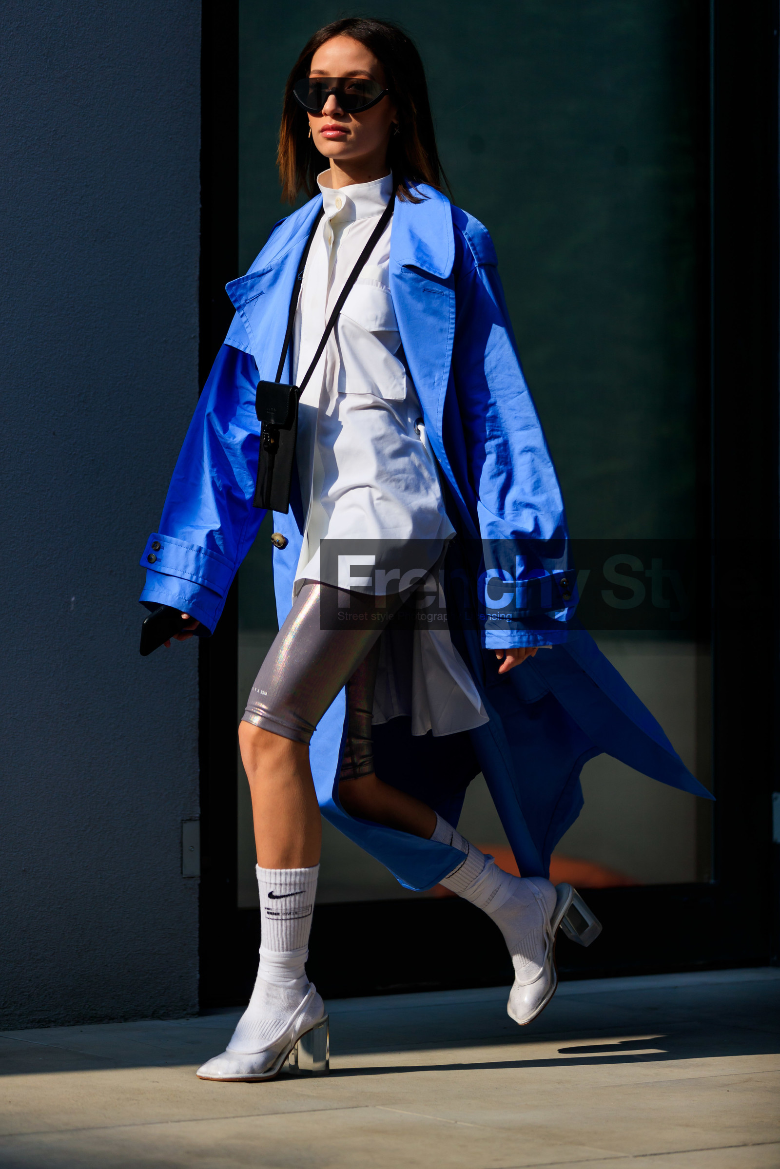 alexandra guerain, black bag, blue coat, grey shorts, high heels, leather bag, leather shoes, mini bag, sunglasses, transparent shoes, white shirt, white shoes, white socks, MILAN, MFW, fashion week, frenchystyle, FW, jonathan paciullo, street style, AUTUMN WINTER 2019-2020, AW 19-20, FALL WINTER 2019-2020, FW 19-20, vertical, full length