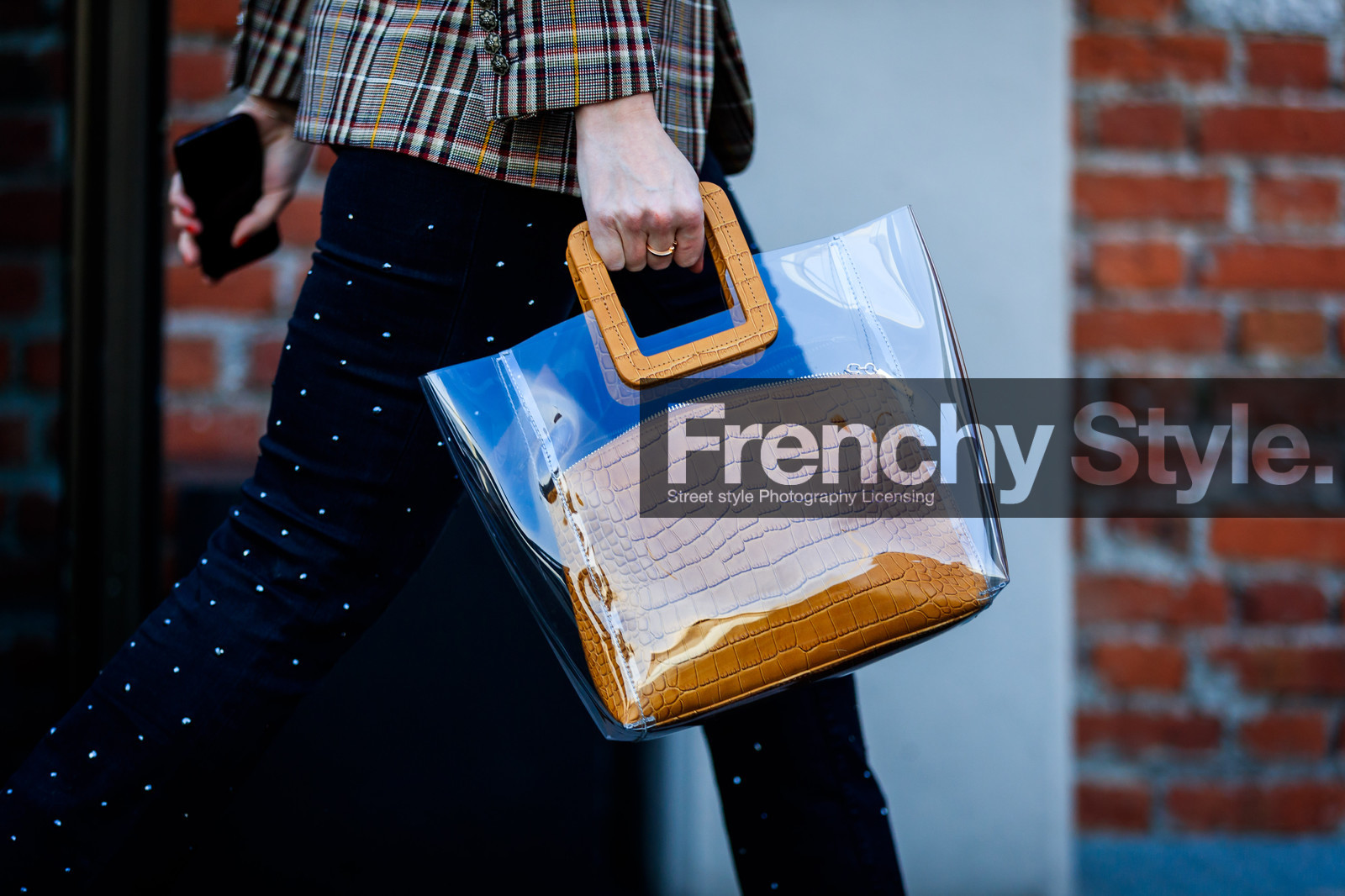 black pants, brown jacket, camel bag, checked, graphic jacket, leather bag, pearls, plaid, printed jacket, tartan, transparent bag, trousers, fashion week, frenchystyle, FW, jonathan paciullo, street style, MFW, MILAN, AUTUMN WINTER 2018-2019, FALL WINTER 2018-2019, FW 18-19, horizontal, atmosphere details