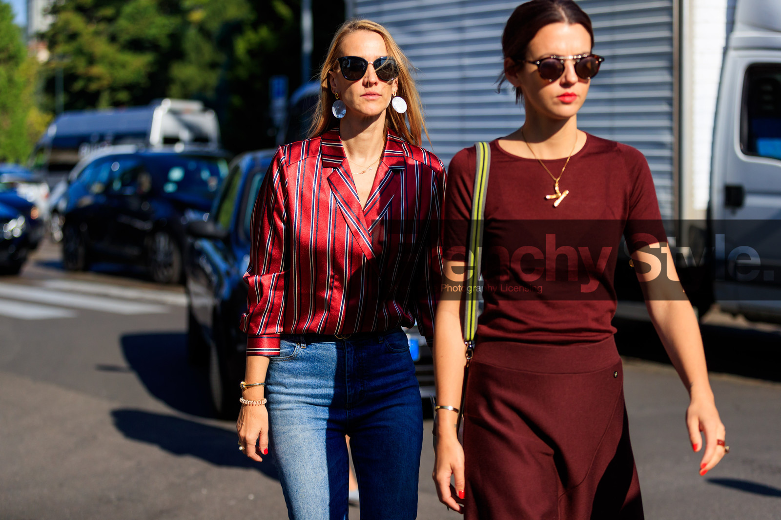 atmosphere details, blue denim, denim pants, detail, earrings, fashion week, frenchystyle, FW, graphic shirt, horizontal, jeans, jonathan paciullo, MFW, MILAN, printed shirt, red shirt, red skirt, red top, SPRING SUMMER 2018, SS 18, street style, striped shirt, sunglasses, trousers