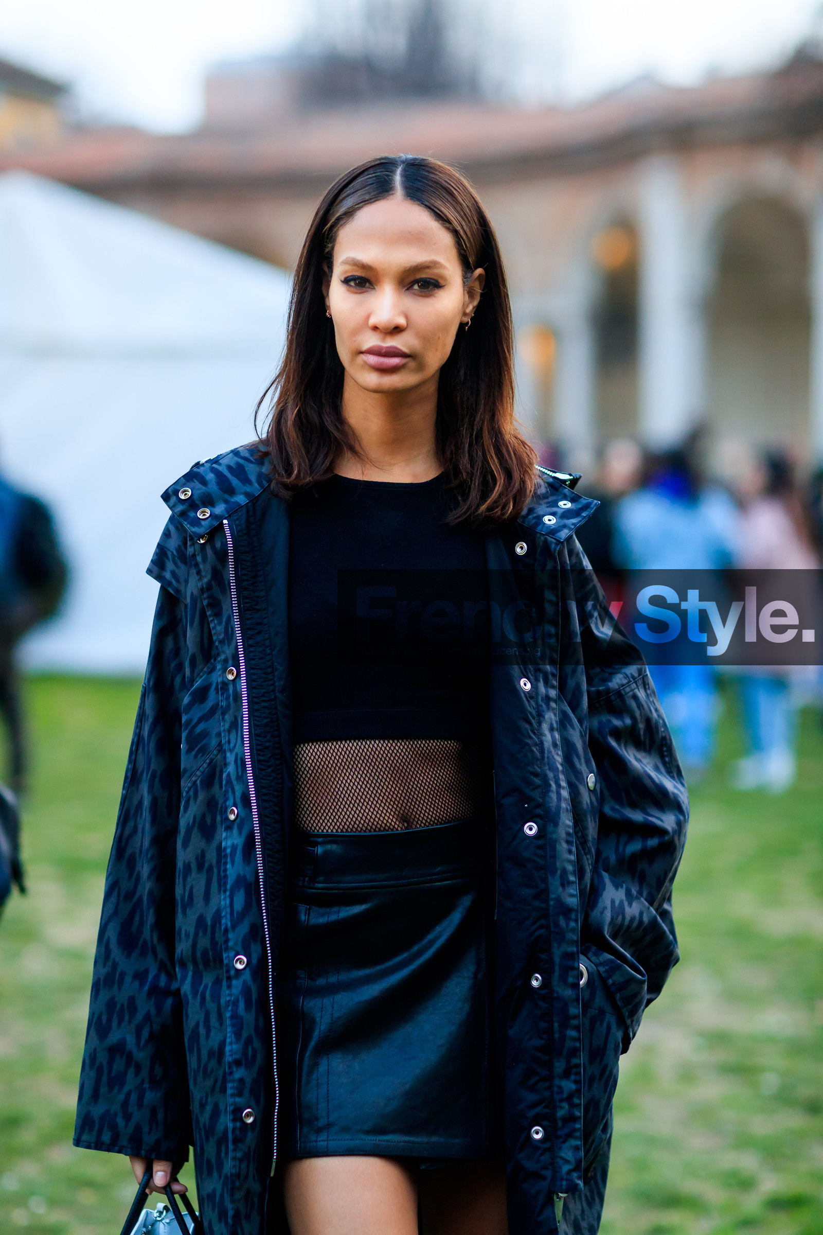 animal print, black coat, black skirt, black sweater, crop top, fishnet, graphic jacket, hood, leather skirt, leopard, printed jacket, rain coat, fashion week, frenchystyle, FW, jonathan paciullo, street style, MFW, MILAN, AUTUMN WINTER 2018-2019, FALL WINTER 2018-2019, FW 18-19, vertical, detail, atmosphere details, model, joan smalls