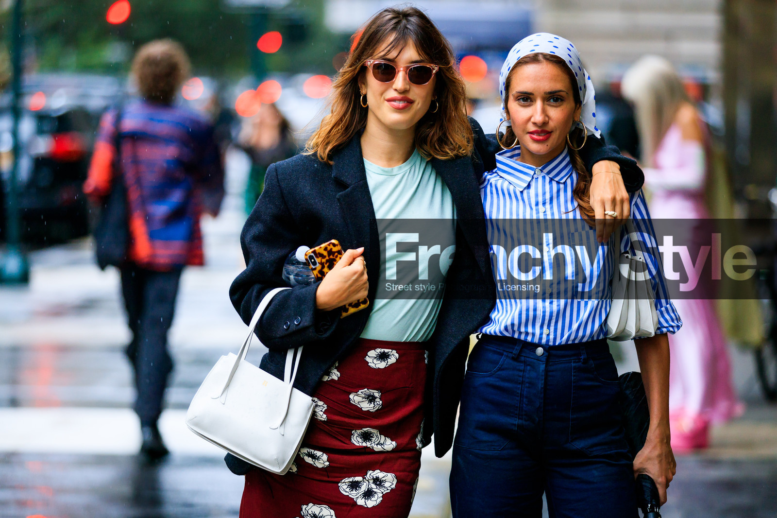 black jacket, blazer, blue denim, blue shirt, blue t shirt, denim pants, flowers, graphic shirt, graphic skirt, headscarf, jeanne damas, jeans, leather bag, polka dot, printed shirt, printed skirt, red skirt, striped shirt, sunglasses, trousers, white bag, white scarf, street style, jonathan paciullo, FW, frenchystyle, fashion week, NYFW, NEW YORK, SPRING SUMMER 2019, SS 19, atmosphere details, horizontal, detail